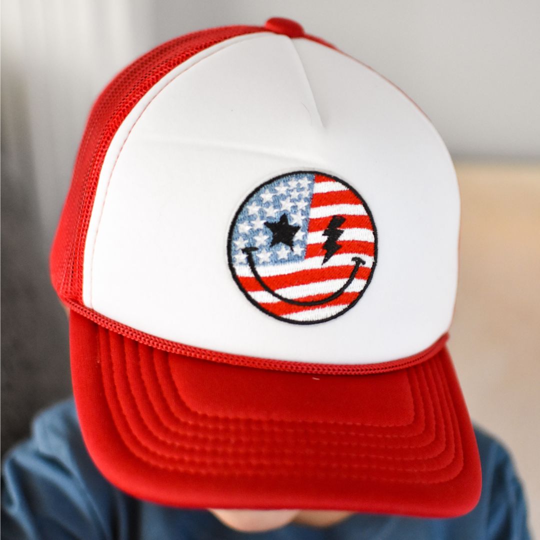 Patriotic Smiley Patch Trucker Hat - 4th of July - Kids